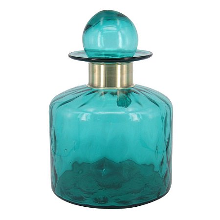 GARRAFA DE VIDRO DECORATIVA AZUL COM DETALHE DE METAL DOURAD