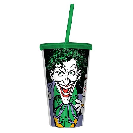 COPO PLASTICO COM TAMPA E CANUDO DC JOKER C BARALHO COLORIDO