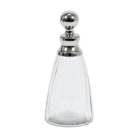 GARRAFA DECORATIVA DE VIDRO TRANSPARENTE E METAL PRATA