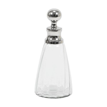 GARRAFA DECORATIVA DE VIDRO TRANSPARENTE E METAL PRATA