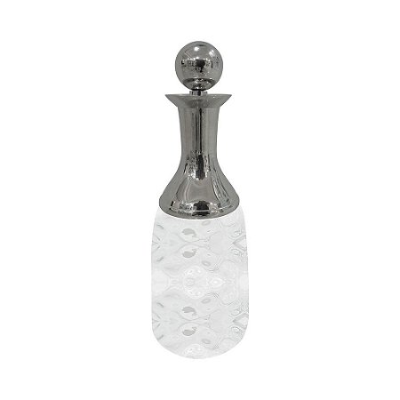 GARRAFA DECORATIVA DE VIDRO TRANSPARENTE E METAL PRATA