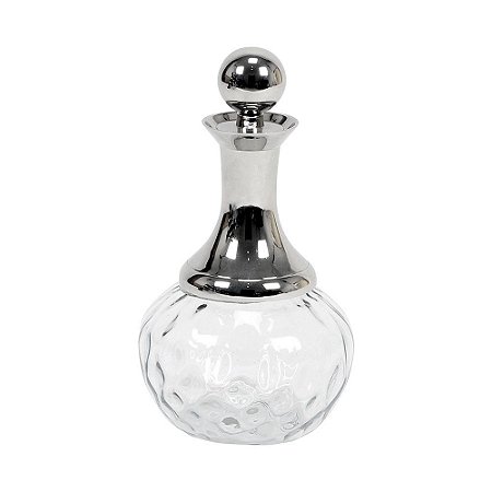 GARRAFA DECORATIVA DE VIDRO TRANSPARENTE E METAL PRATA