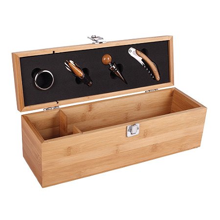 KIT VINHO COM ESTOJO DE BAMBU PARA GARRAFA - 5 PCS