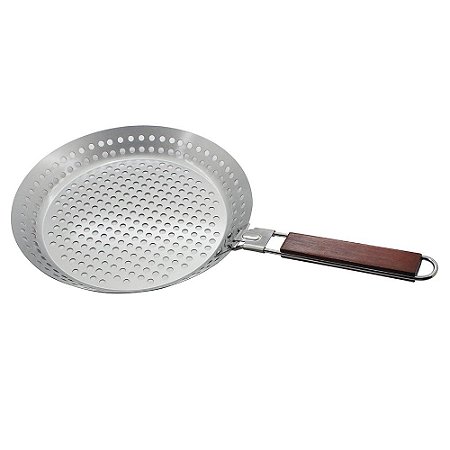 PANELA PARA GRELHAR EASY GRILL EM ACO INOX COM CABO DE MADEIRA D30CM