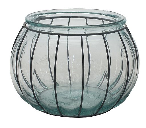 VASO DE VIDRO COM ARMACAO DE FERRO 18CM