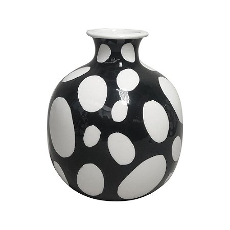 VASO DE CERAMICA COM DESENHOS DE BOLAS PRETO E BRANCO