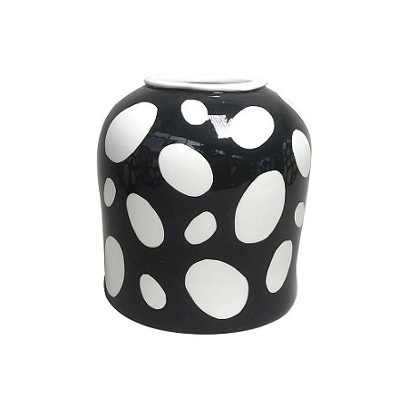 VASO DE CERAMICA COM DESENHOS DE BOLAS PRETO E BRANCO