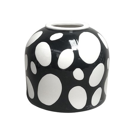 VASO DE CERAMICA COM DESENHOS DE BOLAS PRETO E BRANCO