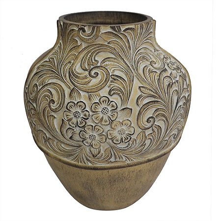 VASO DE RESINA COM DESENHO MARROM 16,5CM X 16,5CM X 20CM