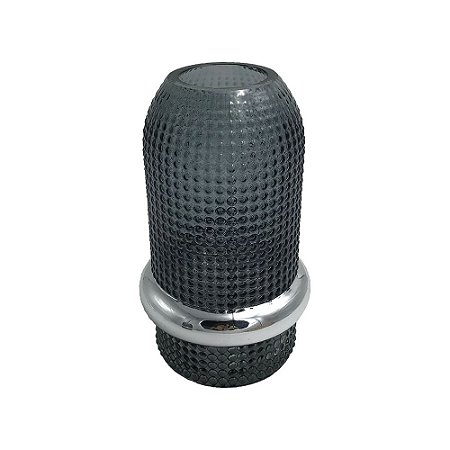 VASO DE VIDRO TIPO BICO DE JACA CINZA COM DETALHE PRATA