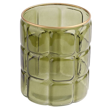 VASO DE VIDRO VERDE COM DETALHES DOURADO 12CM X 12CM X 15CM