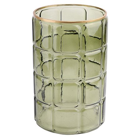 VASO DE VIDRO VERDE COM DETALHES DOURADO 15CM X 15CM X 23CM