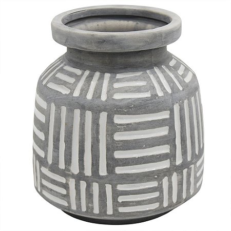 VASO DE CERAMICA CINZA COM DETALHES ETNICOS 14CM X 14CM X 15