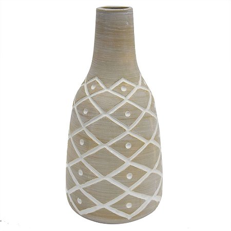 VASO DE CERAMICA BEGE COM DETALHES ETNICOS 17CM X 17CM X 35C