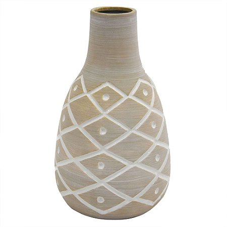 VASO DE CERAMICA BEGE COM DETALHES ETNICOS 17CM X 17CM X 28C