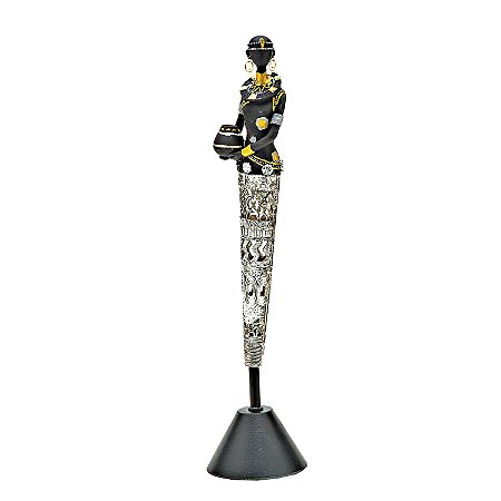 FIGURA DE RESINA PRETO E PRATA- AFRICANA- 41 CM