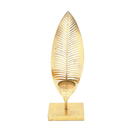 FIGURA DECORATIVA PORTA VELA METAL FOLHA PRETO/DOURADO 15x10x44cm
