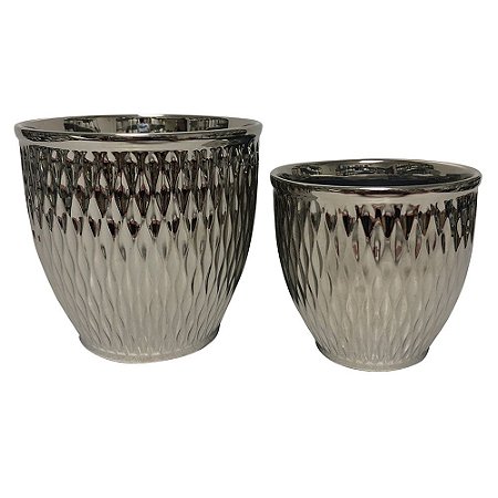 CONJ. DE CACHEPOTS EM CERAMICA PRATEADO  2 PCS G  D17CM X 16