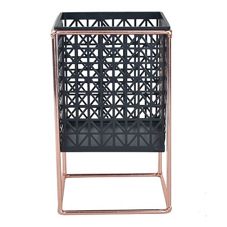 CACHEPOT EM METAL PRETO E COBRE 13CM X 13CM X 21,5CM