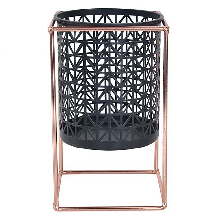 CACHEPOT EM METAL PRETO E COBRE 13CM X 13CM X 21,5CM