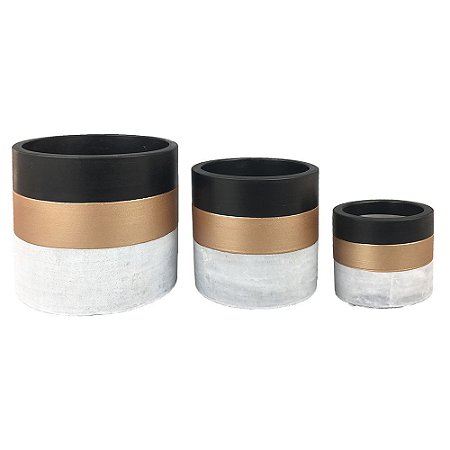 CONJ. DE CACHEPOTS DE CIMENTO CINZA, DOURADO E PRETO - 3PCS