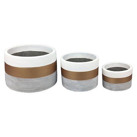 CONJ. DE CACHEPOTS DE CIMENTO CINZA, DOURADO E BRANCO - 3PCS