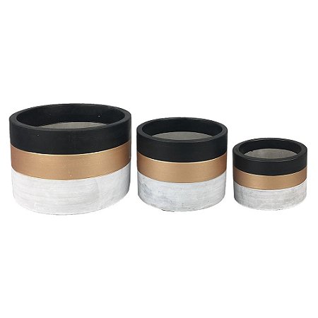 CONJ. DE CACHEPOTS DE CIMENTO CINZA, DOURADO E PRETO - 3PCS