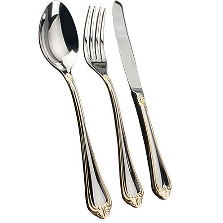 FAQUEIRO VICTORIAN 130 PECAS EM ACO INOX 18/10 3,0 MM COM FRISO OURO