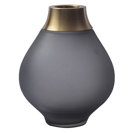 VASO DE VIDRO FUME E METAL DOURADO