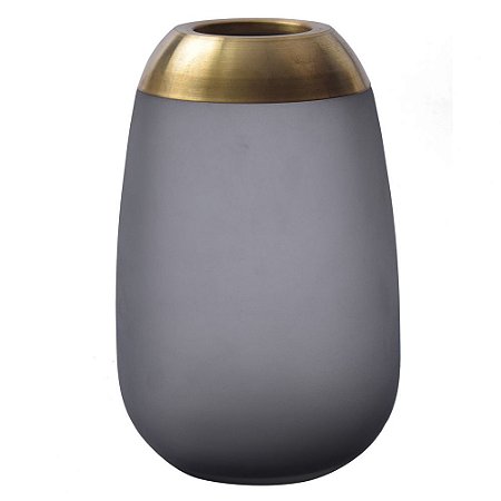 VASO DE VIDRO FUME E METAL DOURADO