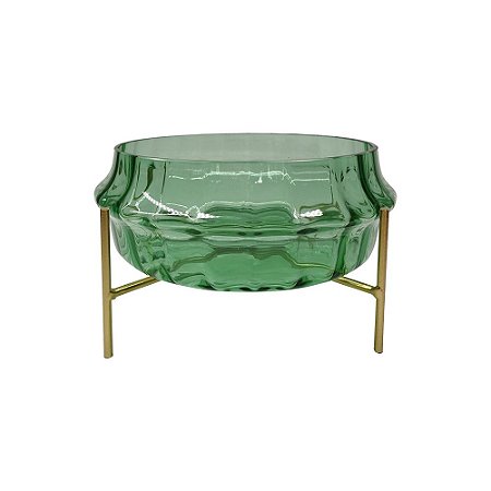 VASO DE VIDRO TRANSPARENTE VERDE COM BASE DE METAL DOURADO