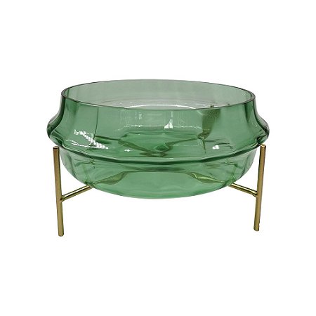 VASO DE VIDRO TRANSPARENTE VERDE COM BASE DE METAL DOURADO