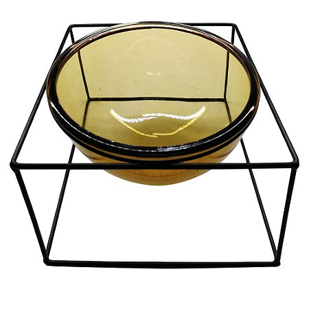 VASO DE VIDRO TRANSPARENTE AMBAR COM SUPORTE DE METAL 22CM X