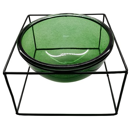 VASO DE VIDRO TRANSPARENTE VERDE COM SUPORTE DE METAL 22CM X