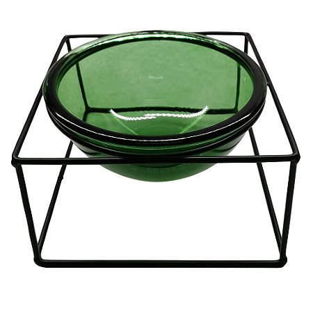 VASO DE VIDRO TRANSPARENTE VERDE COM SUPORTE DE METAL 16.5CM