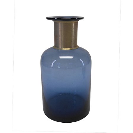 VASO DE VIDRO TRANSPARENTE AZUL COM METAL DOURADO 12CM X 12C