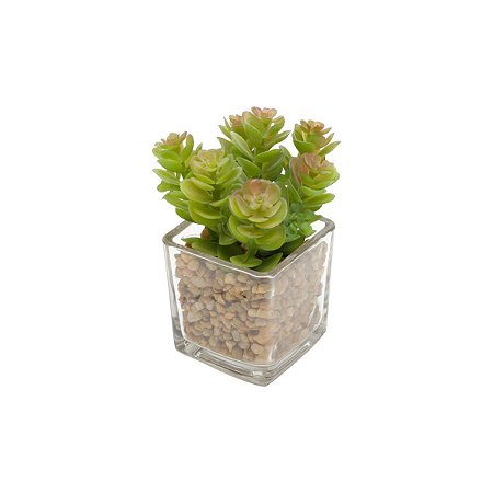 VASO DE VIDRO C/SUCULENTA DE PLÁSTICO E PEDRAS 7,6x10,8cm