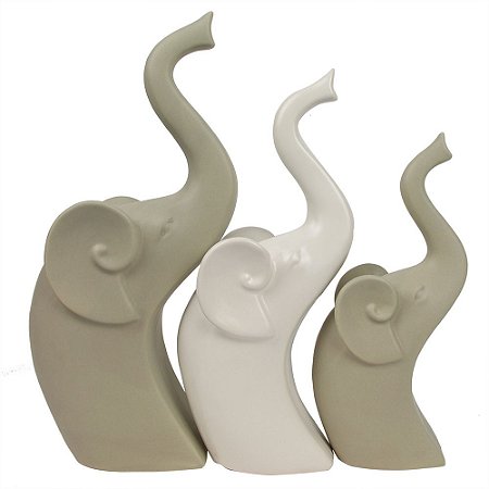 CONJ. DE ELEFANTES DE CERAMICA COM 1 ELEFANTE BRANCO E 2 CIN