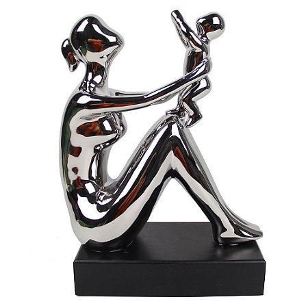 PECA DECORATIVA DE CERAMICA PRATA COM BASE DE MADEIRA 21CM X