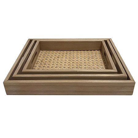 CONJ. DE BANDEJAS DE MADEIRA E CORTICA - 3PCS G:46,2CM X 34,