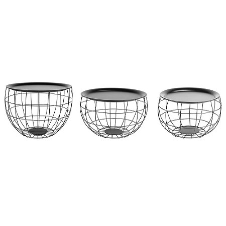 CONJ. DE MESA LATERAL DE FERRO PRETO - 3PCS G: 52CM X 38CM M