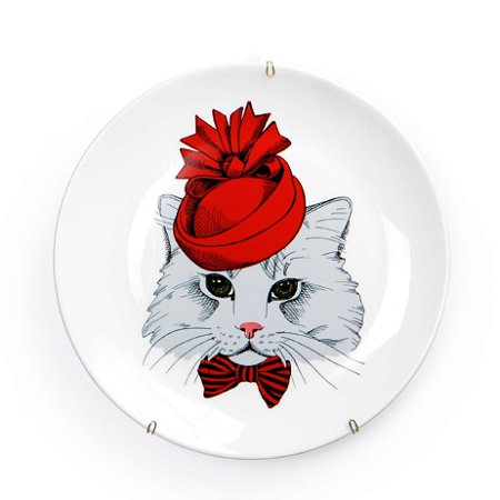 PRATO DE PAREDE PORCELANA 19 CM GATO C/CHAPEU