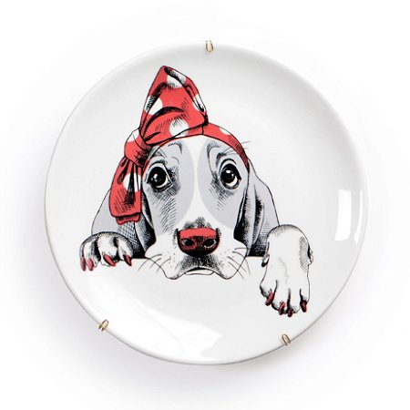 PRATO DE PAREDE PORCELANA 19 CM CACHORRO C/LACO