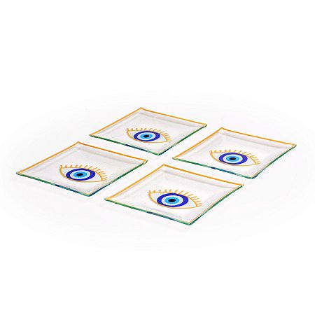 CONJ. 04 ORNAMENTOS DE VIDRO DECORATIVO QUADRADO -