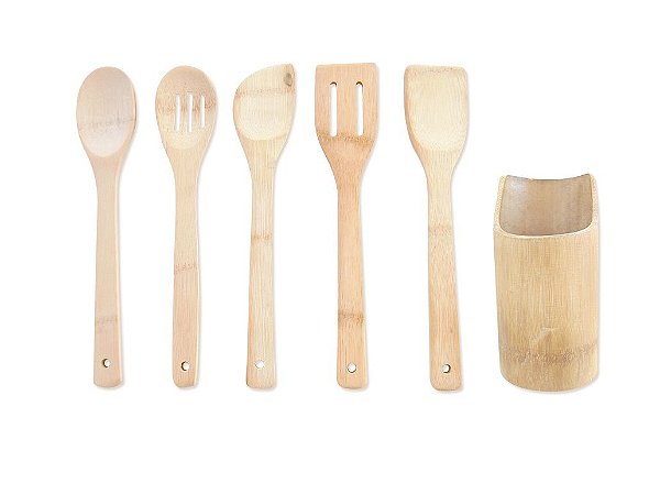 CJ 5 UTENSÍLIOS PARA COZINHAR DE BAMBU ECOLOGICO COM SUPORTE