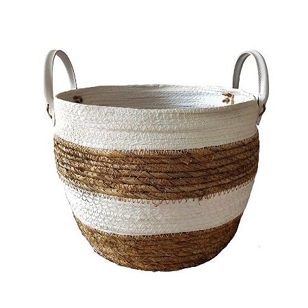 CESTO DE SEAGRASS BRANCO C/ ALÇA EM COURO SINTÉTICO KAYAPÓ - 26X26X20CM