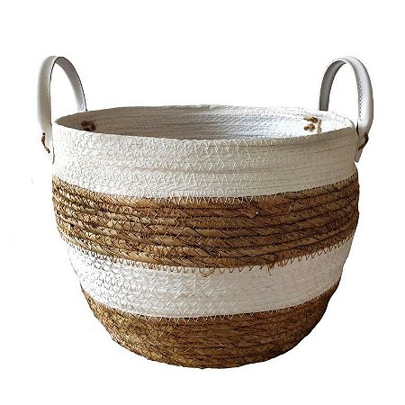 CESTO DE SEAGRASS BRANCO C/ ALÇA EM COURO SINTÉTICO KAYAPÓ - 30X30X24CM