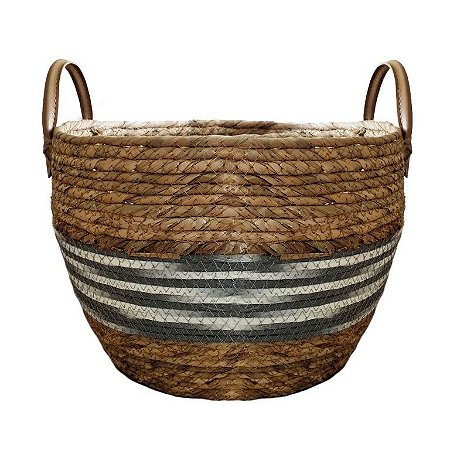 CESTO DE SEAGRASS COLORIDO C/ ALÇA EM COURO SINTÉTICO KAYAPÓ - 30X30X22CM