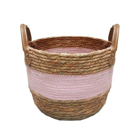 CESTO DE SEAGRASS ROSA  C/ ALÇA EM COURO SINTÉTICO KAYAPÓ - 30X30X22CM