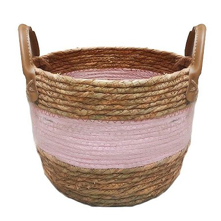 CESTO DE SEAGRASS ROSA  C/ ALÇA EM COURO SINTÉTICO KAYAPÓ - 35X35X26CM